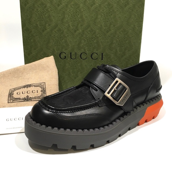 GUCCI LACE-UP BUCKLE LEATHER LOAFERS -BLACK / ORANGE -MEN US 10.5 -NEW - Picture 2 of 9